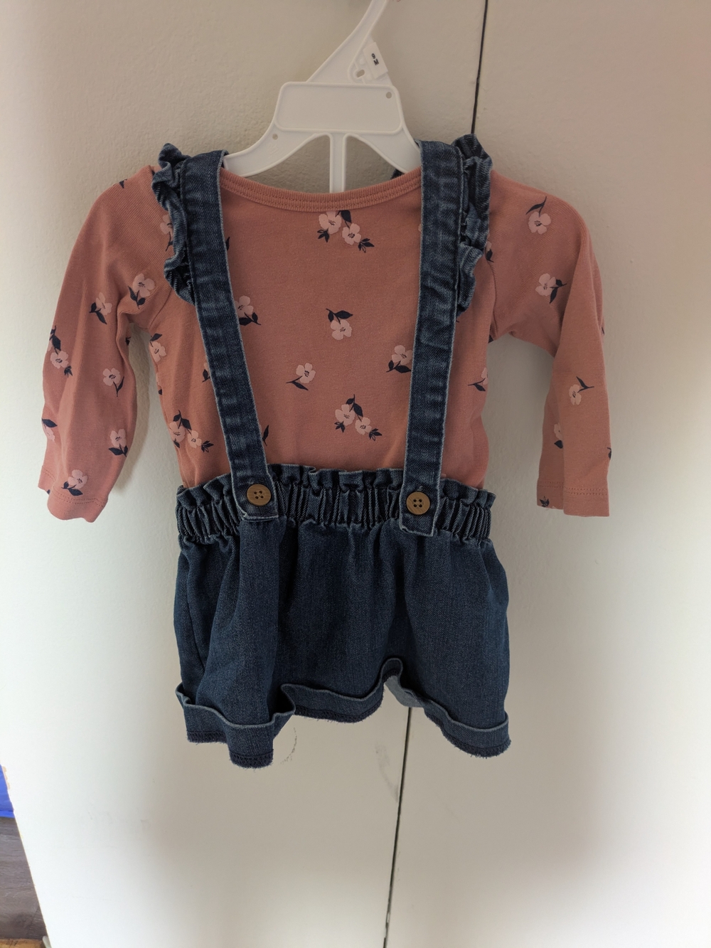 Denim Suspender Skirt with Pink Floral Top - Kids